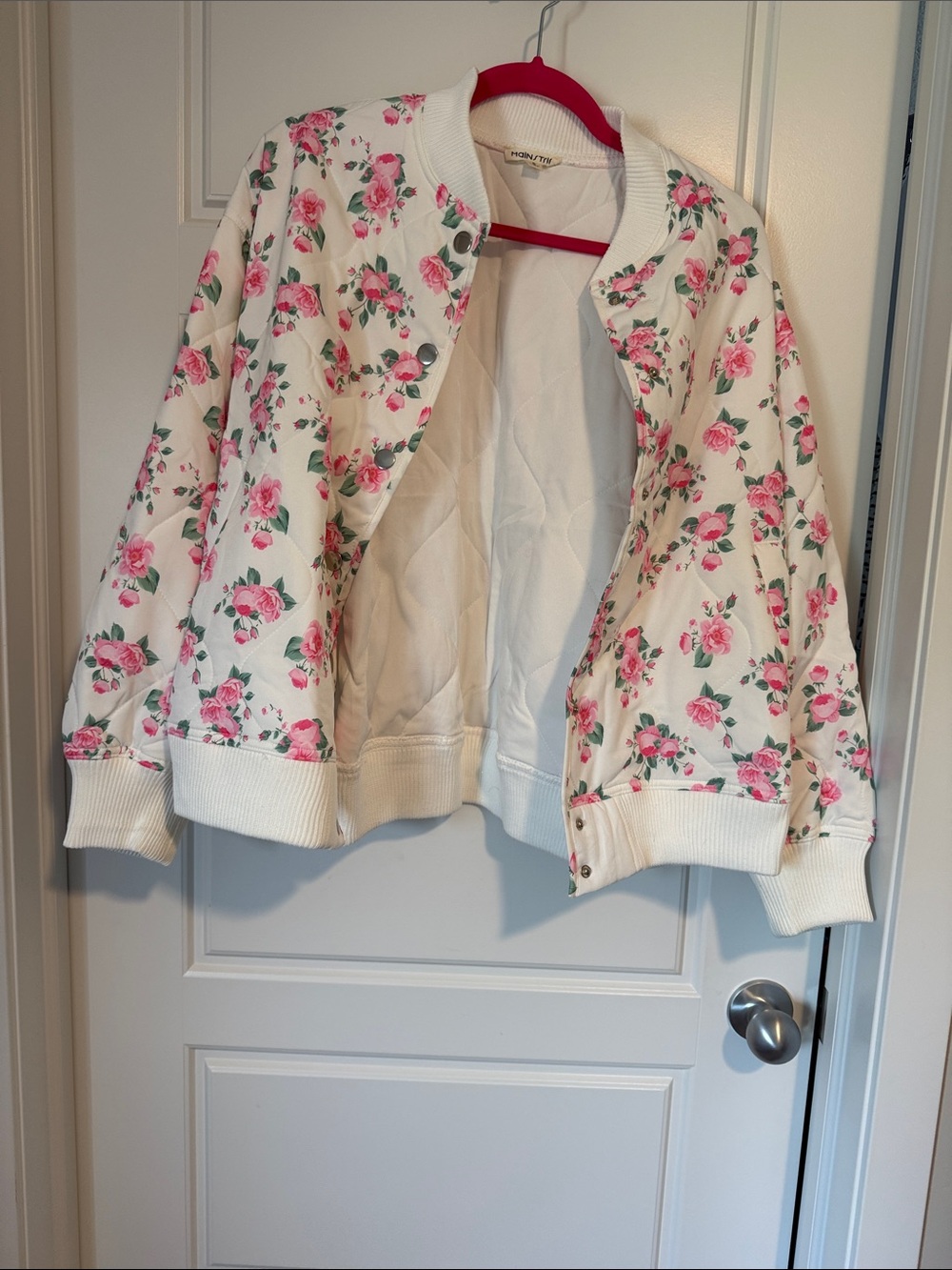Main Strip White Bomber Jacket with Pink Rose Print